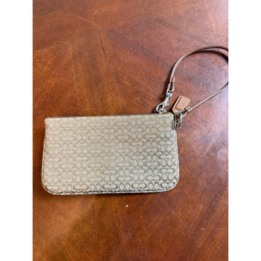 Coach Signature Jacquard Leather Buckle Wristlet Pouch Khaki Tan Silver Hardware
